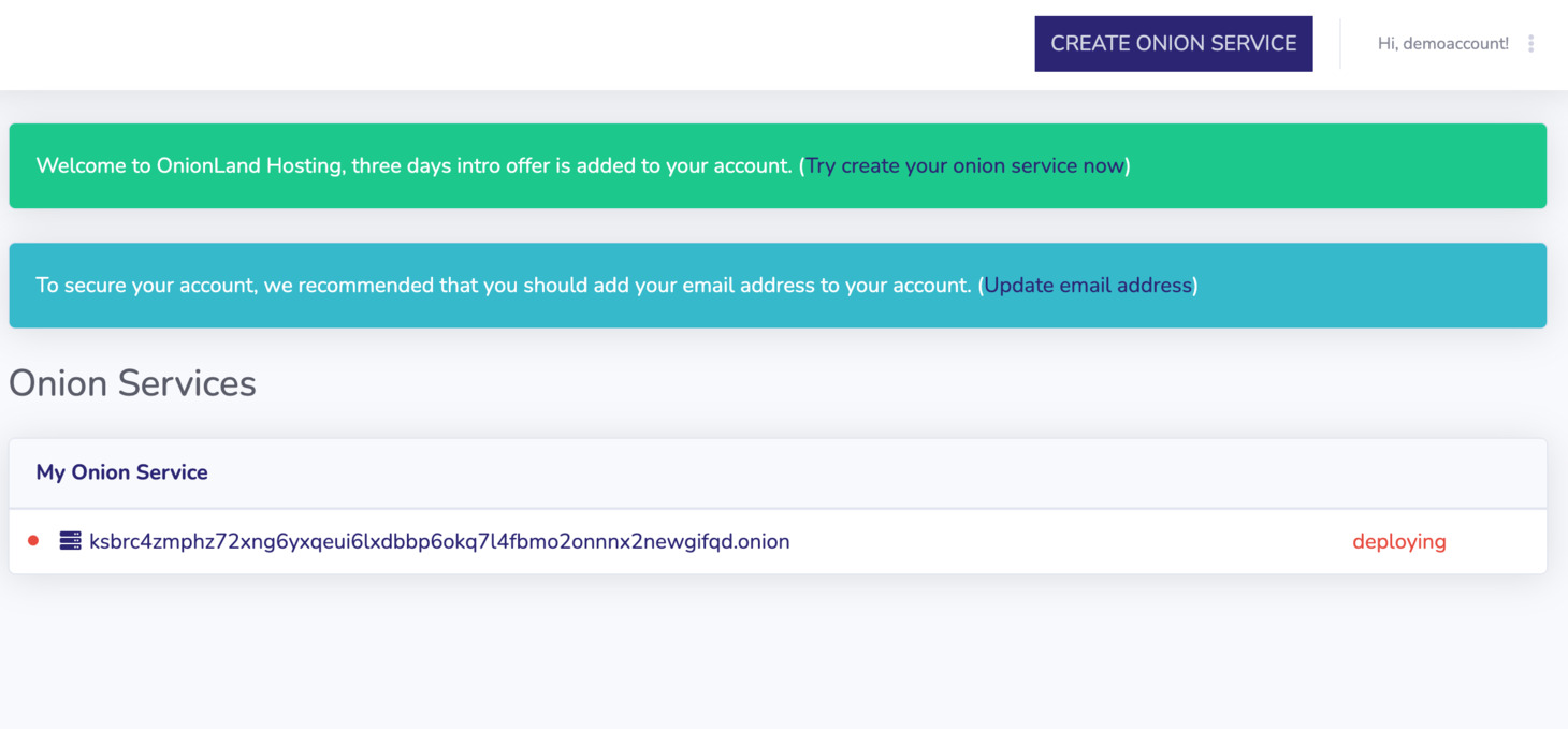 Refresh the page, you will see your onion service is deploying. It will take about 1 - 2 minutes to complete.