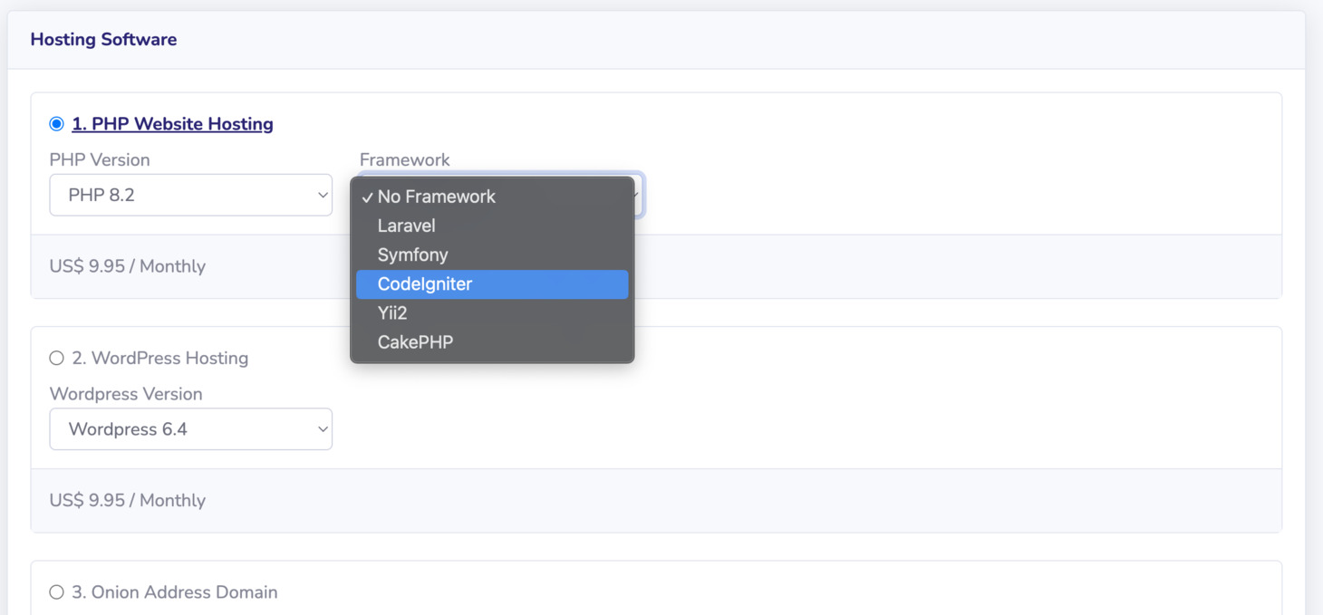 In the Hosting Software section, choose PHP Website Hosting, and select CodeIgniter in the Framework selection.