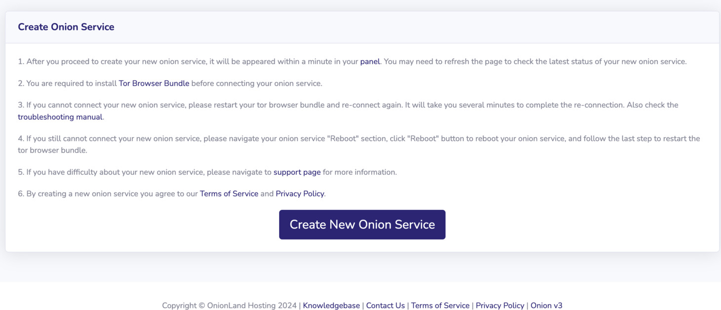 In the Create Onion Service section, click Create New Onion Service to continue.