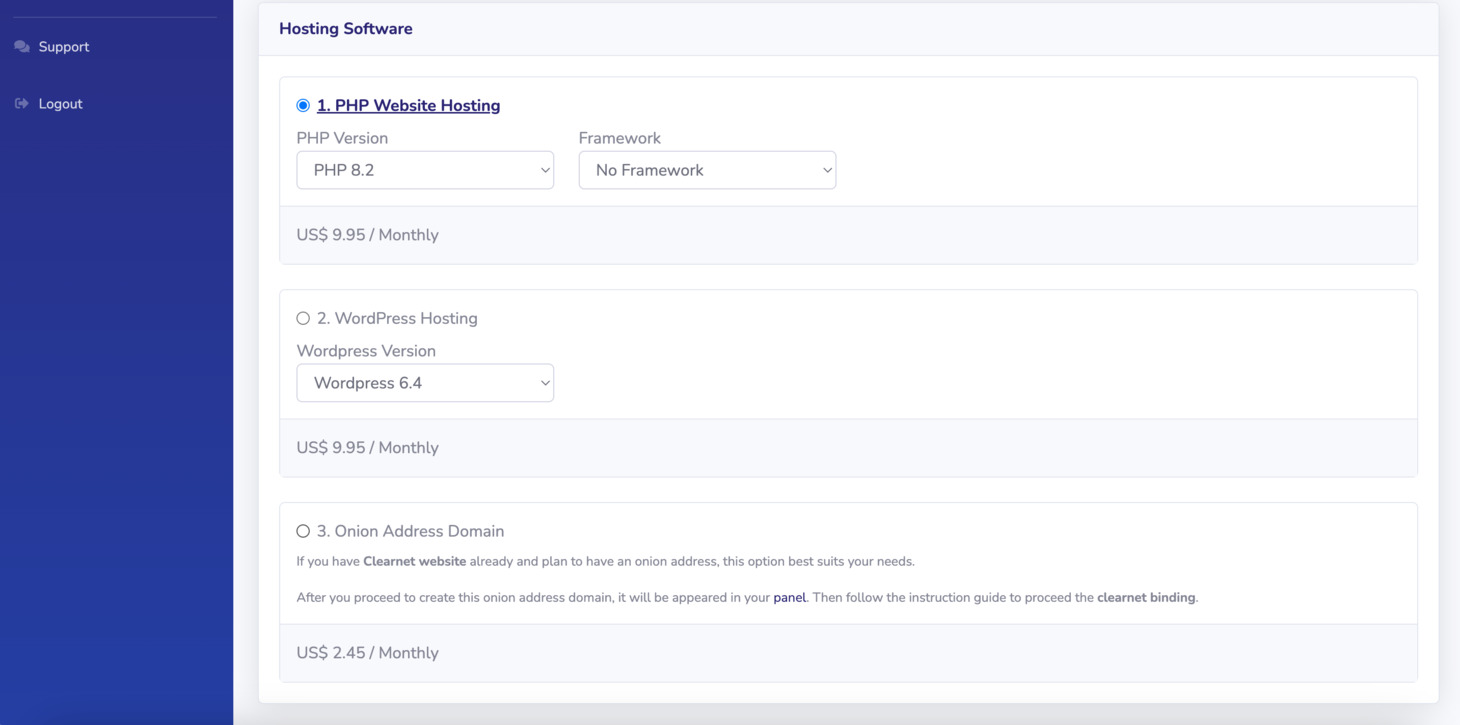 In the Hosting Software section, choose PHP Website Hosting, and keep the No Framework in the Framework selection.