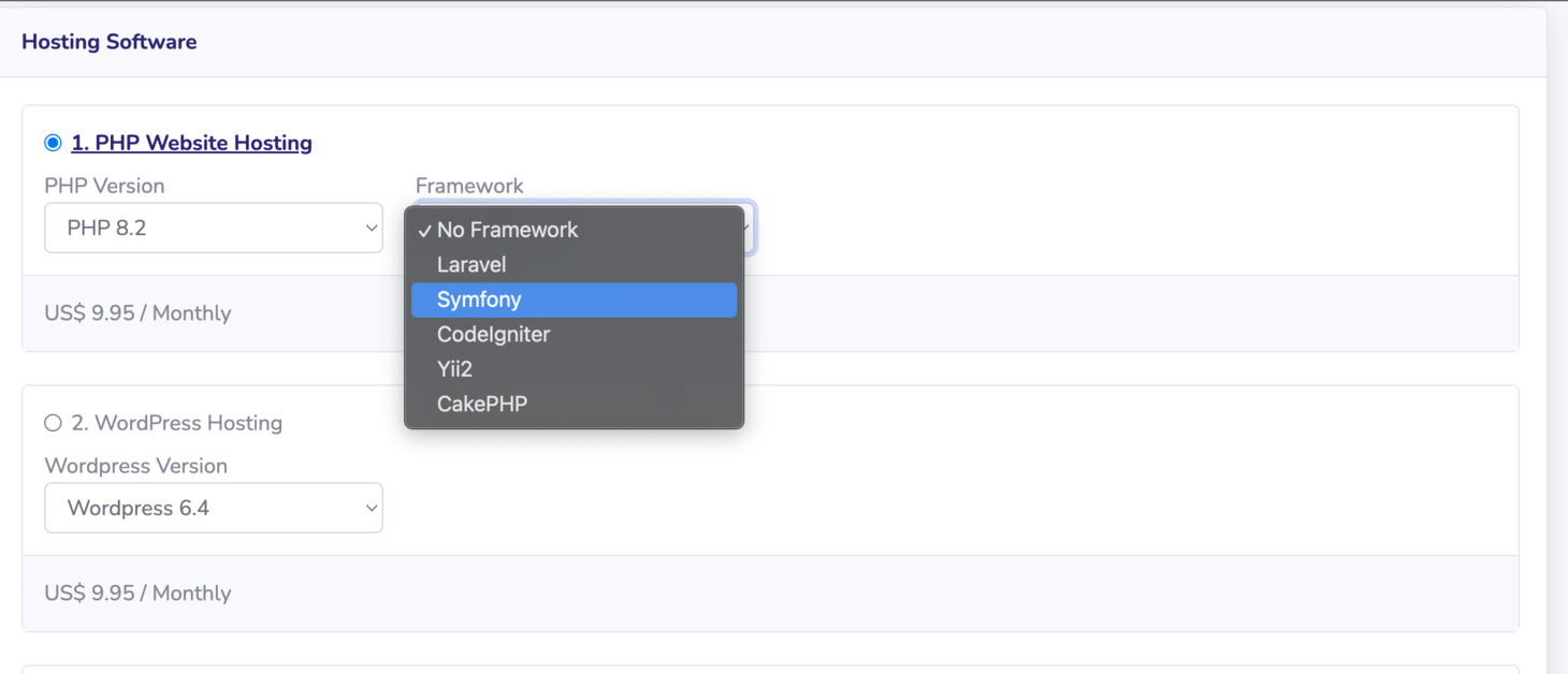 In the Hosting Software section, choose PHP Website Hosting, and select Symfony in the Framework selection.