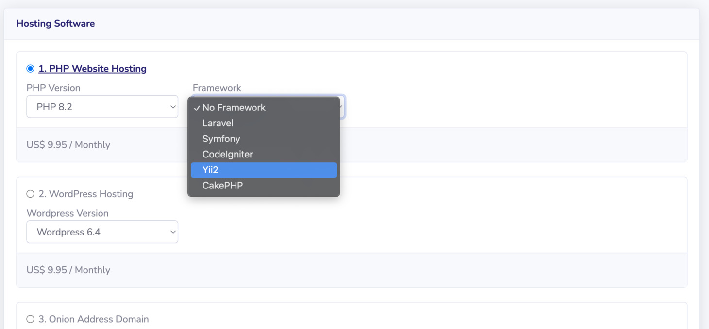 In the Hosting Software section, choose PHP Website Hosting, and select Yii in the Framework selection.