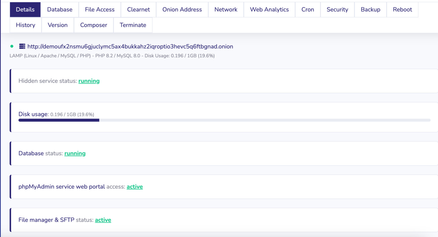 To check the disk space usage of your onion service, navigate to your onion service, and click the Details tab