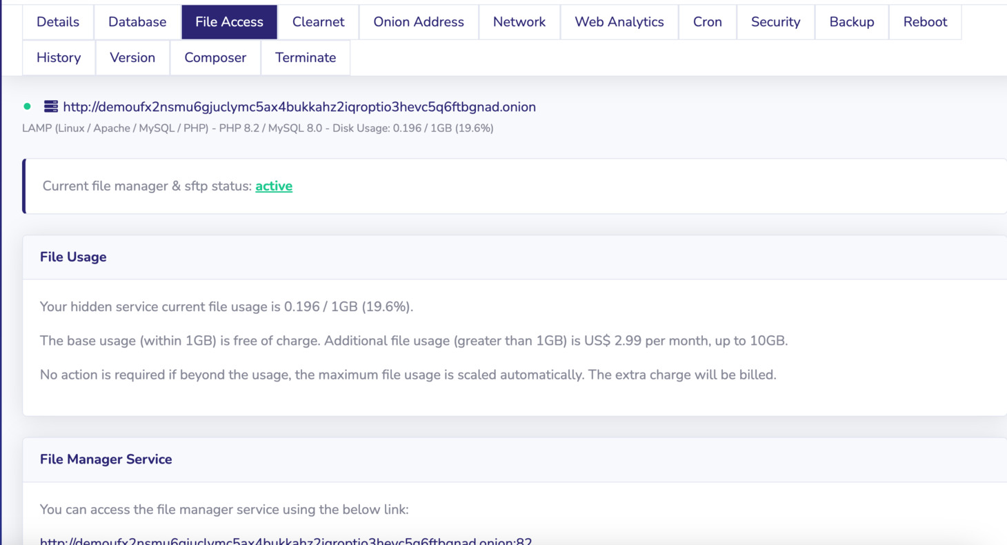 To check the disk space usage of your onion service, navigate to your onion service, and click the File Access tab