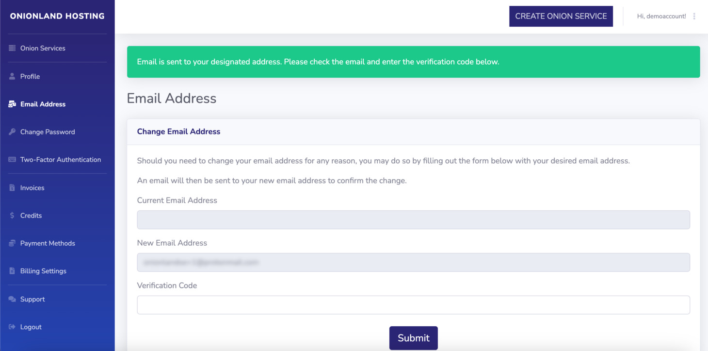 Enter your desired email address, and confirm your email address by typing again, and click Submit to continue
