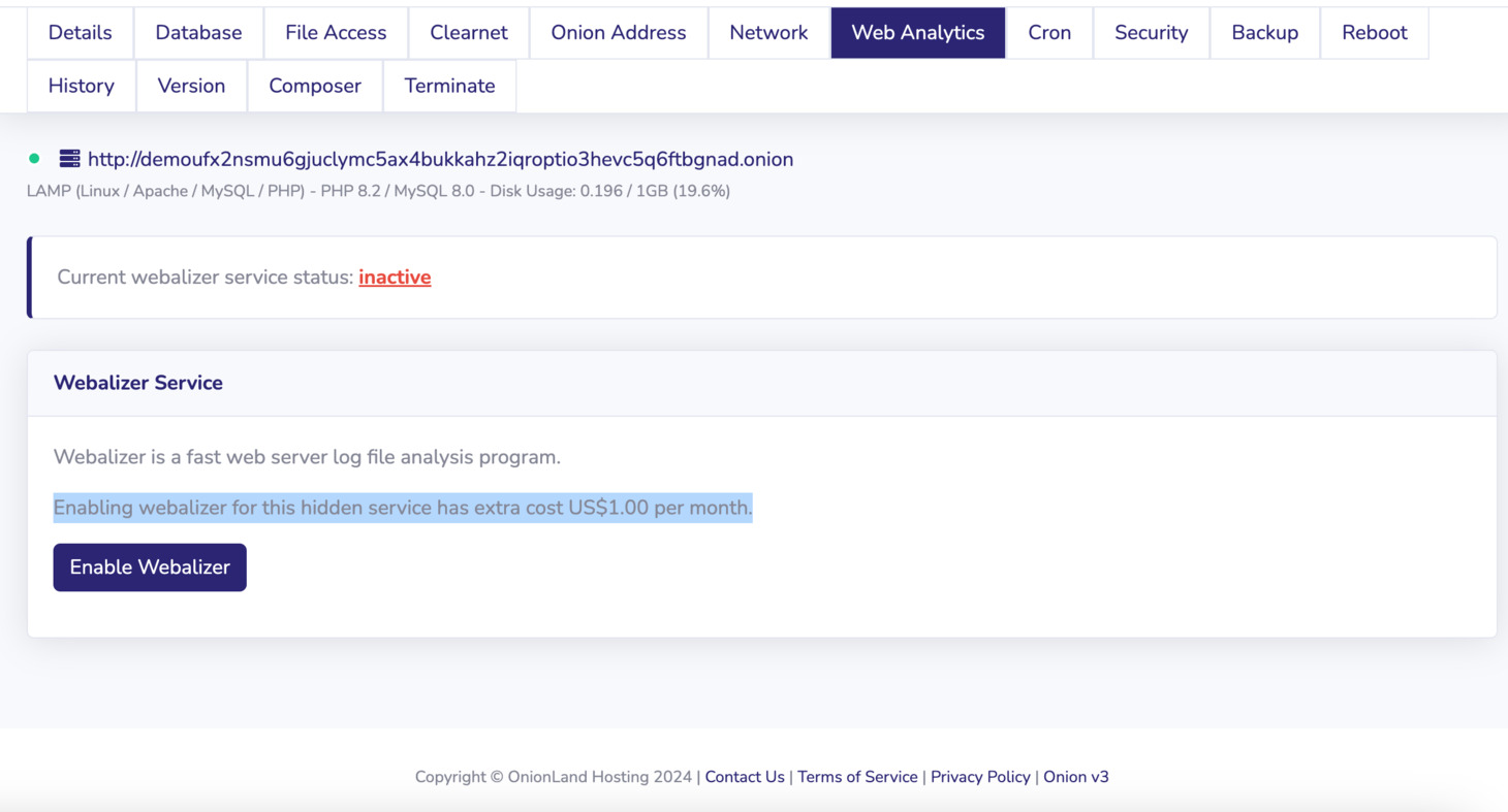 The add-on fee for website analytics displayed on our customer portal