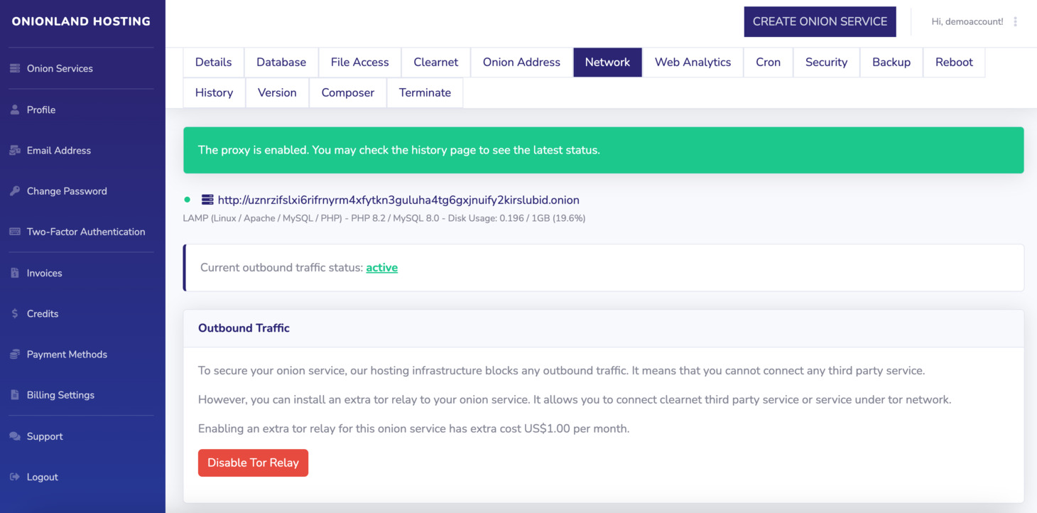 In the Outbound Traffic section, click Enable Tor Relay. And you will see the success message when this feature is enabled.