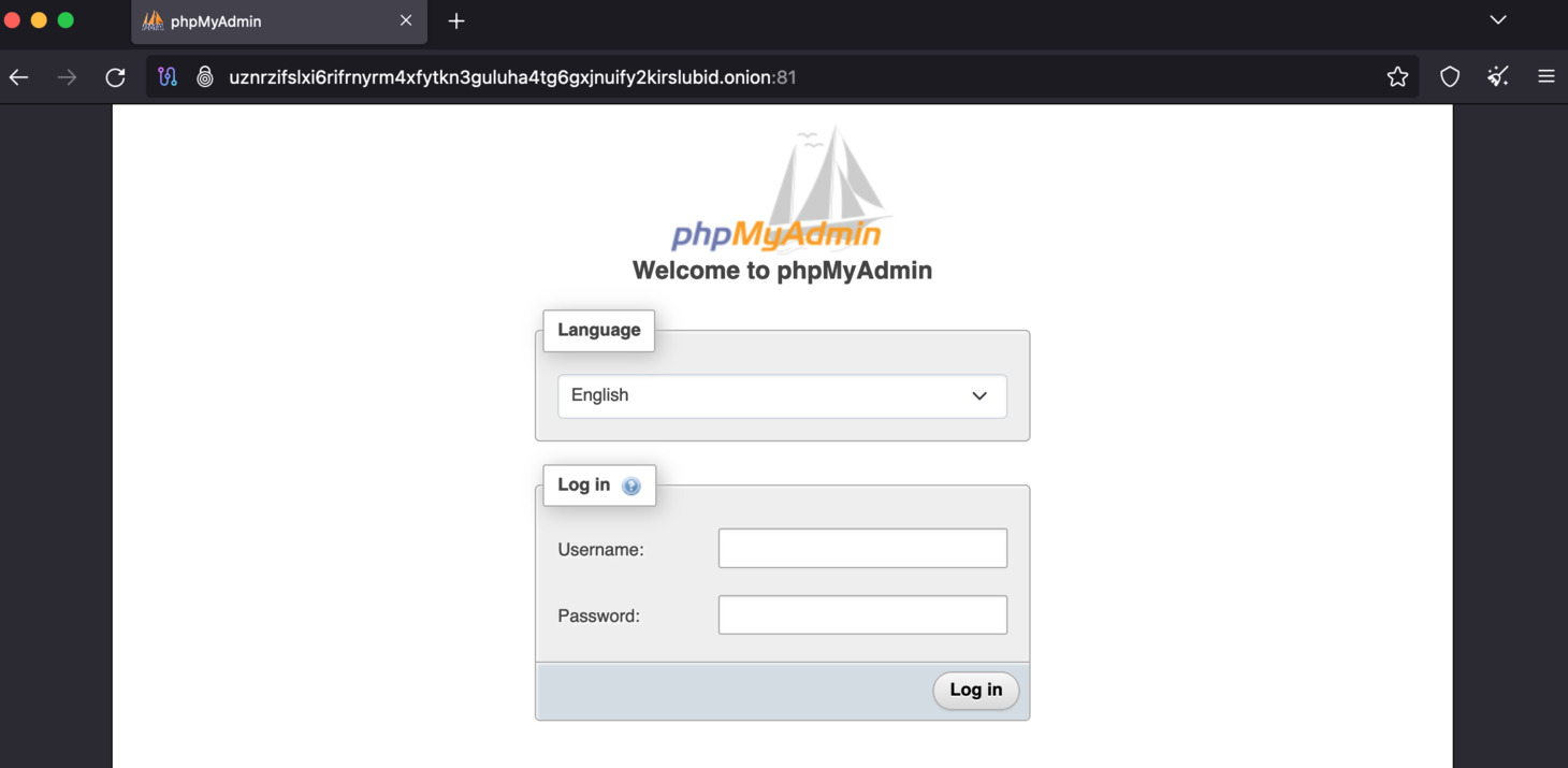 The phpMyAdmin login screen is shown.