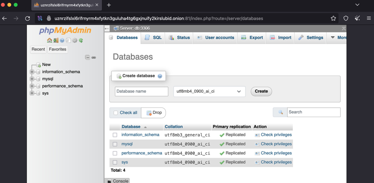 Click New in the left hand side menu to create new database.