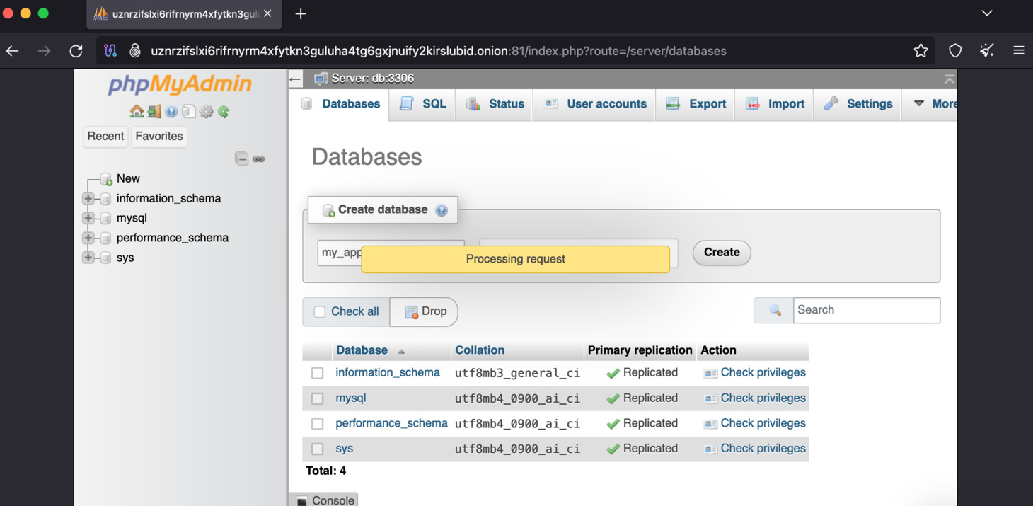 The phpMyAdmin loading screen is shown.