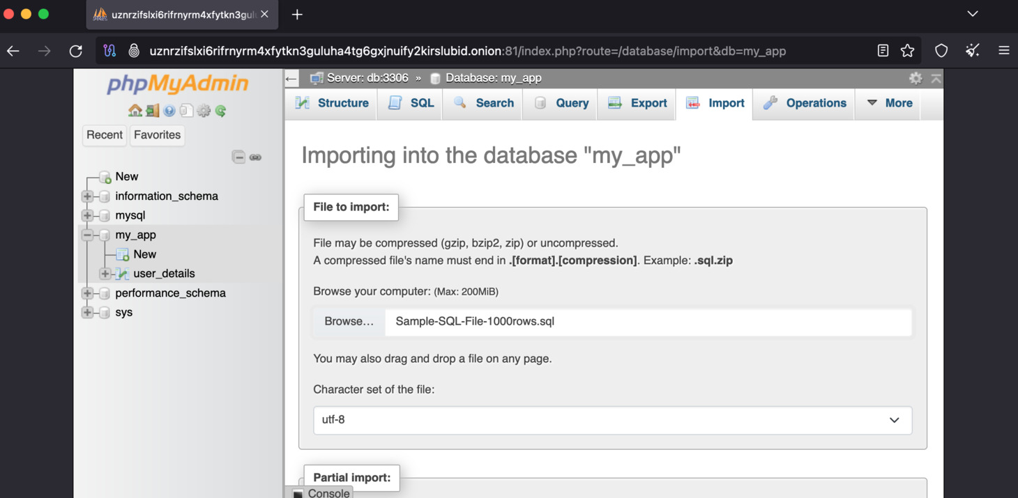 If you have database dump file to import, click the Import from the top navigation. The maximum file size allows is 80MB.