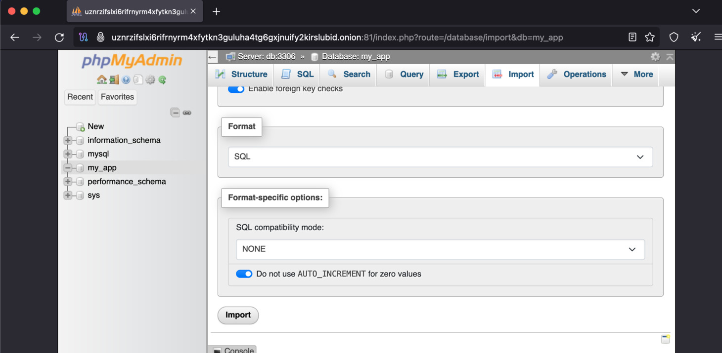 After select the database dump file, scroll to the bottom, and click import.