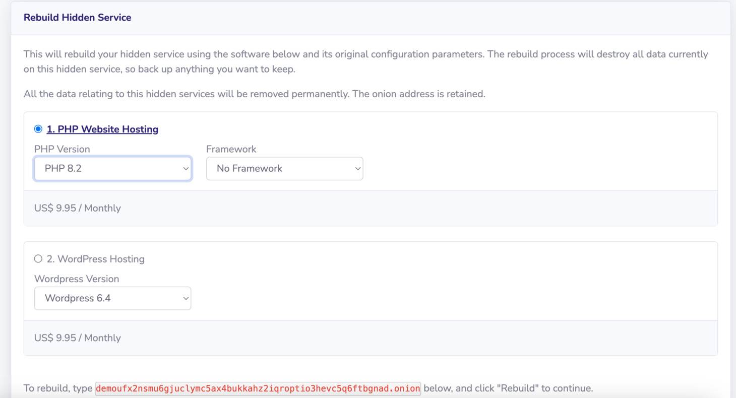 Then select type of hosting, PHP version and hosting framework of your choice.