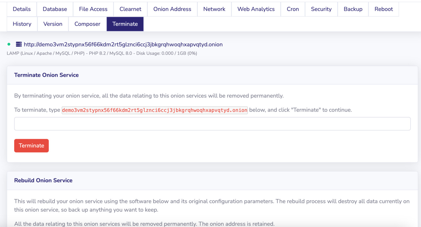 To terminate an Onion Service from the customer portal, navigate to your onion service, select Terminate tab. In the Terminate section, type your V3 onion address and click Terminate.