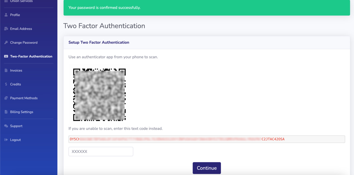 To enable two-factor authentication, you can use 2FA Authenticator application (such as Google Authenticator, Microsoft Authenticator, 2FAS) to scan the QR code. If you are unable to scan the QR code, you can copy the text code, and copy and paste to your 2FA Authenticator application.