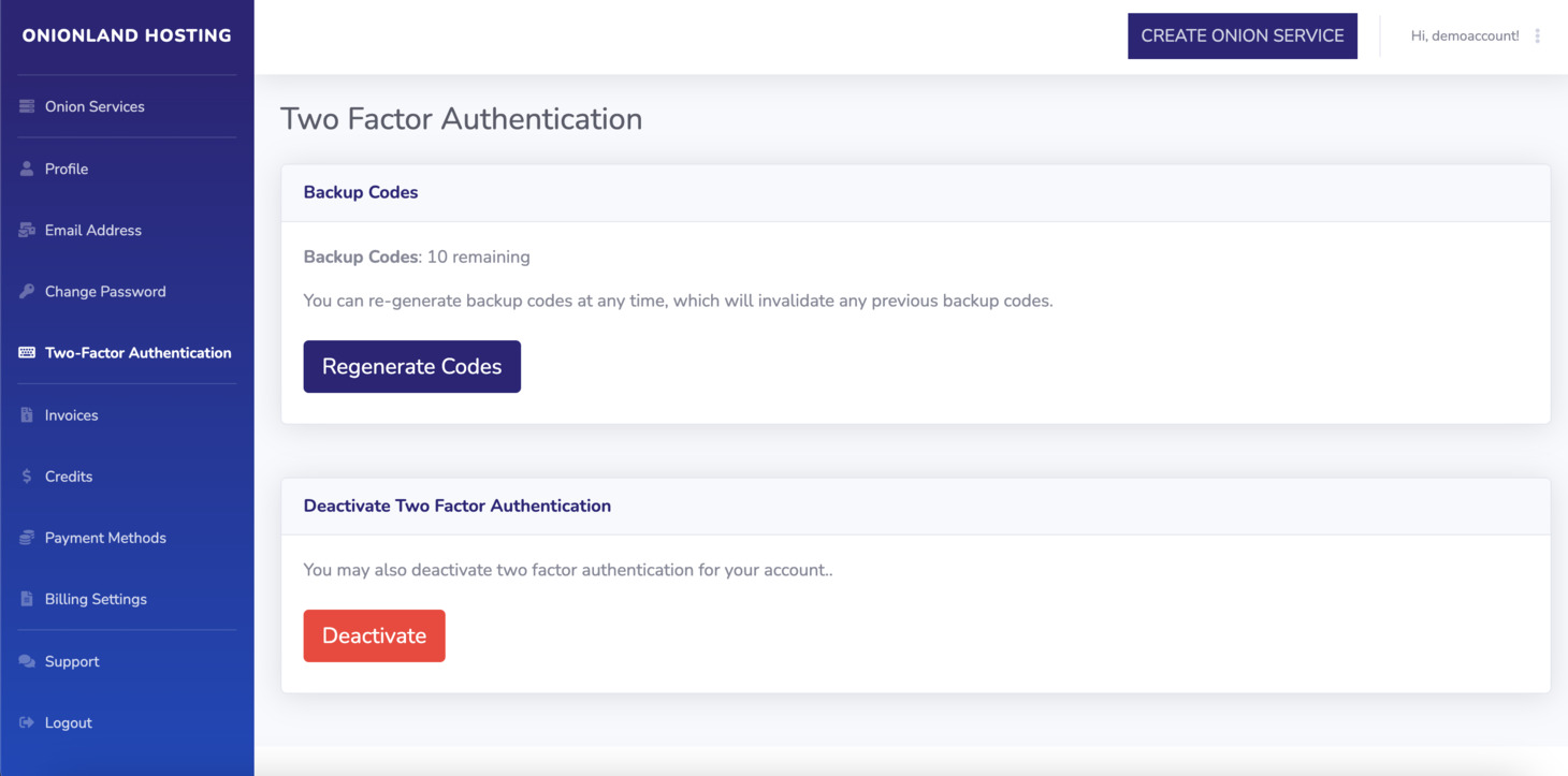 You can also regenerate the 2FA backup codes, or deactivate the two factor authentication.