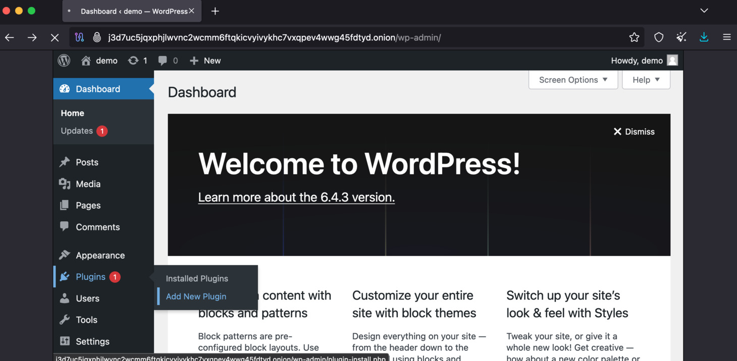 First, to export your Wordpress website, navigate to your existing WordPress website. Click Plugins, and click Add New Plugin.