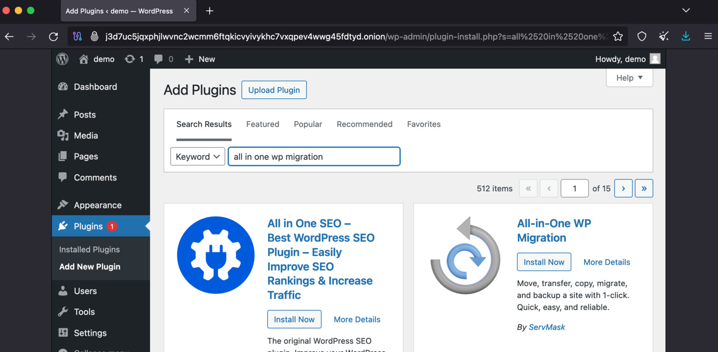 Then, search for all in one wp migration, and click Install Now