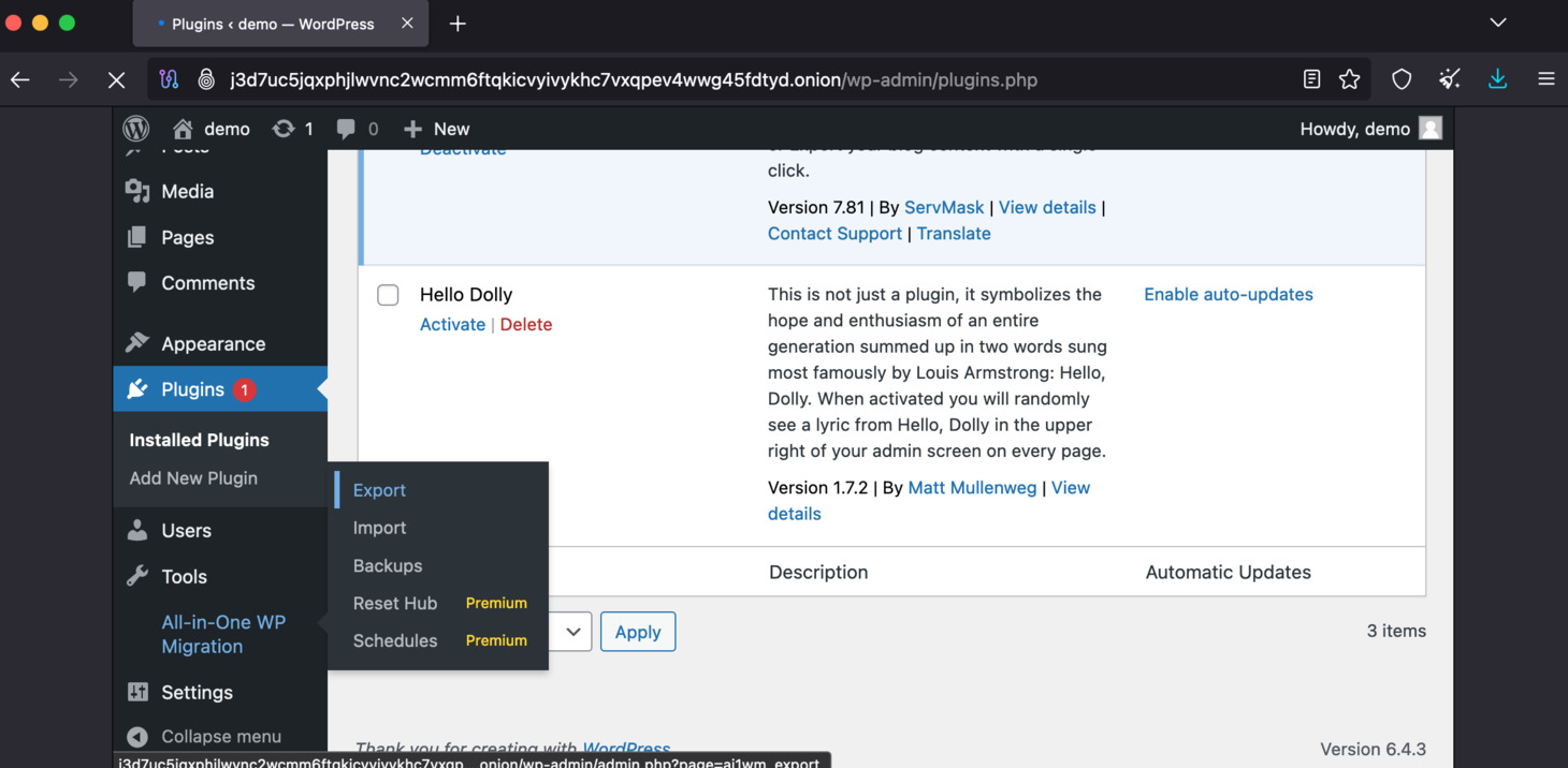 Hover to the navigation item All-in-One WP Migration, and click Export