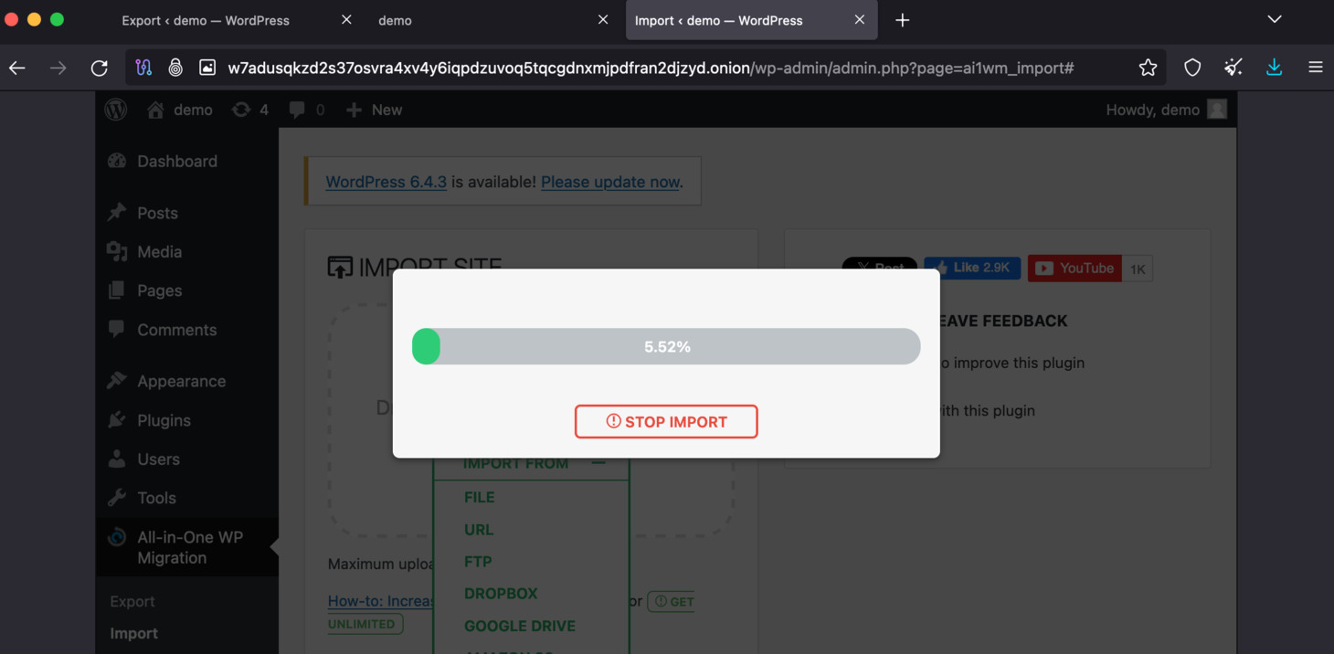 Then, the page will show you the import progress of your wordpress website.